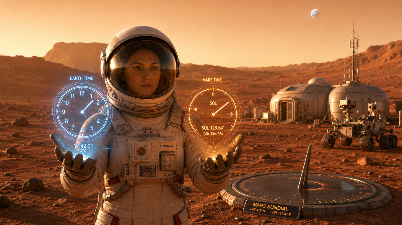 Astronauta em traje espacial em Marte com hologramas do tempo da Terra e Marte e bases ao fundo.