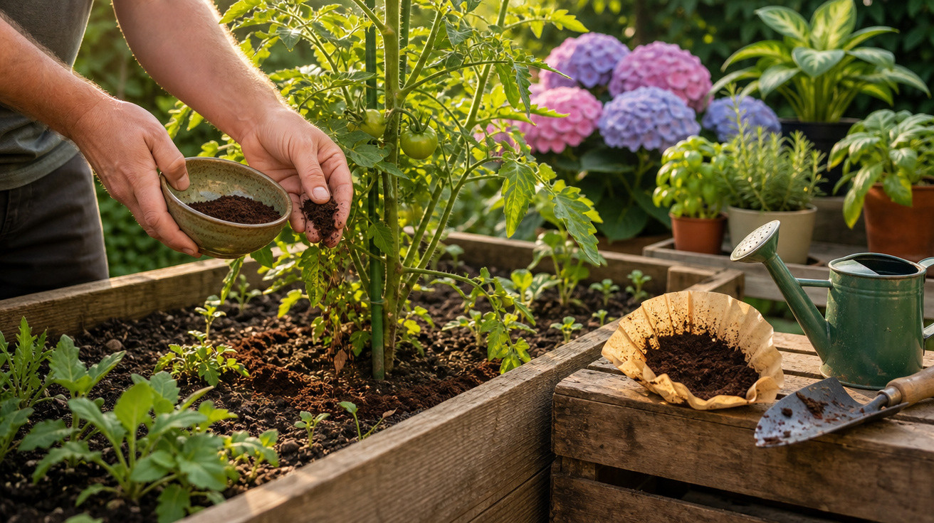 Pessoa adicionando composto orgânico em canteiro com planta de tomate, cercado por flores e utensílios de jardinagem.