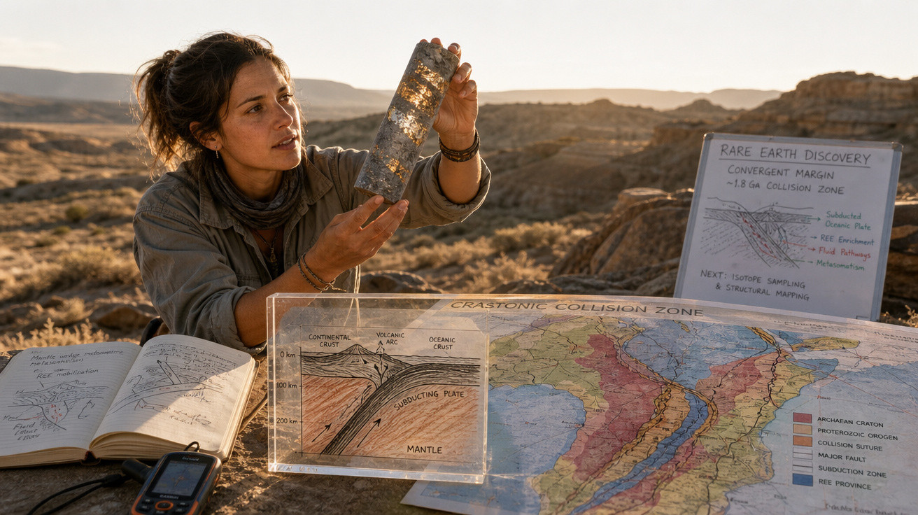 Mulher estudando amostra geológica ao ar livre com mapas e cadernos sobre colisão tectônica.