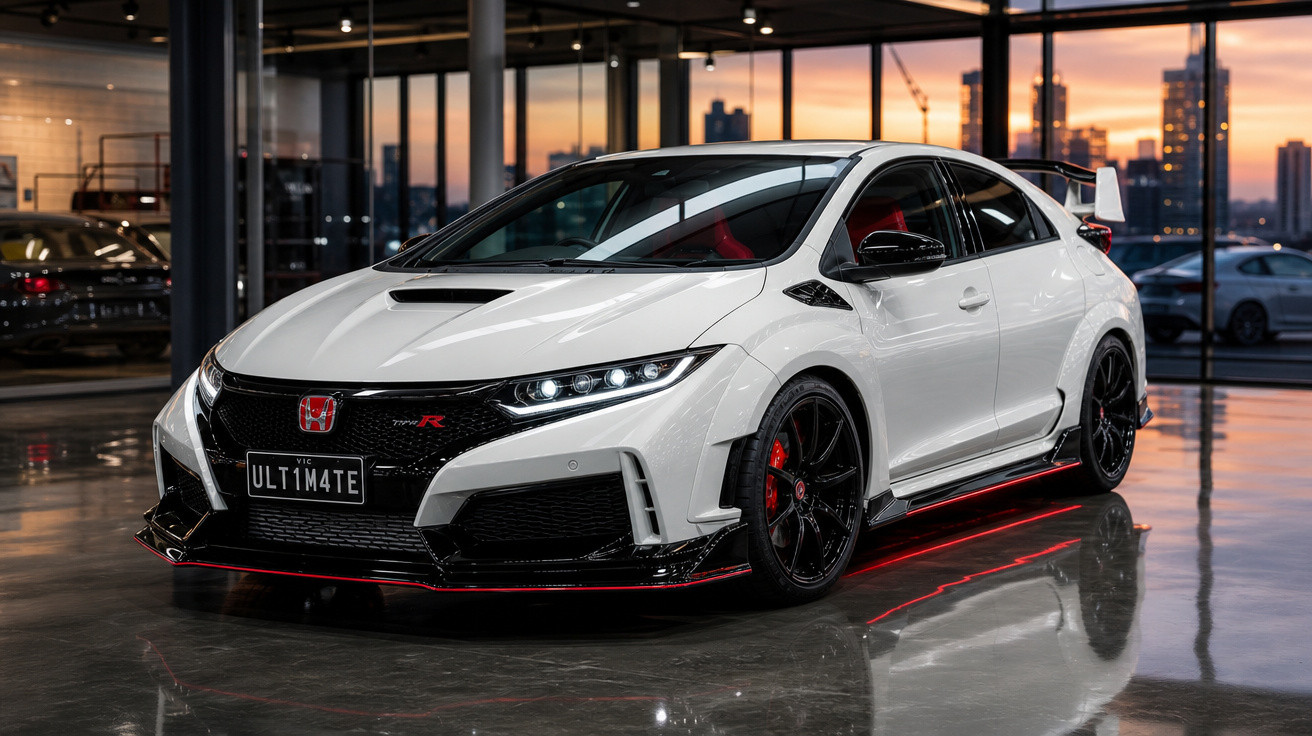 Carro esportivo branco Honda Civic Type R estacionado em garagem com iluminação ao pôr do sol.