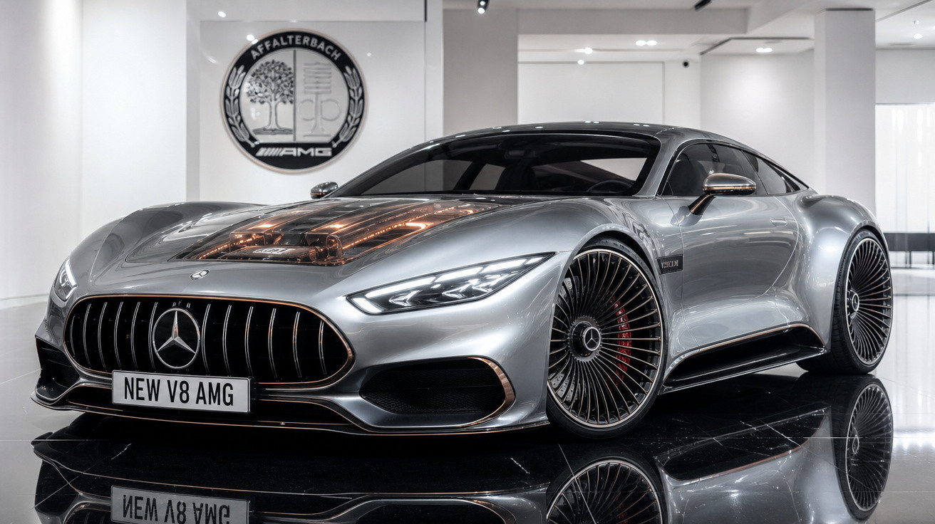 Carro esportivo Mercedes-Benz prata modelo novo V8 AMG exibido em showroom moderno e iluminado.