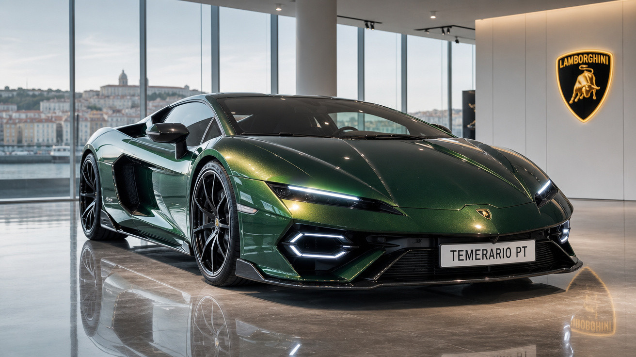 Carro esportivo Lamborghini verde escuro em showroom moderno com grande janela e logo iluminado na parede.