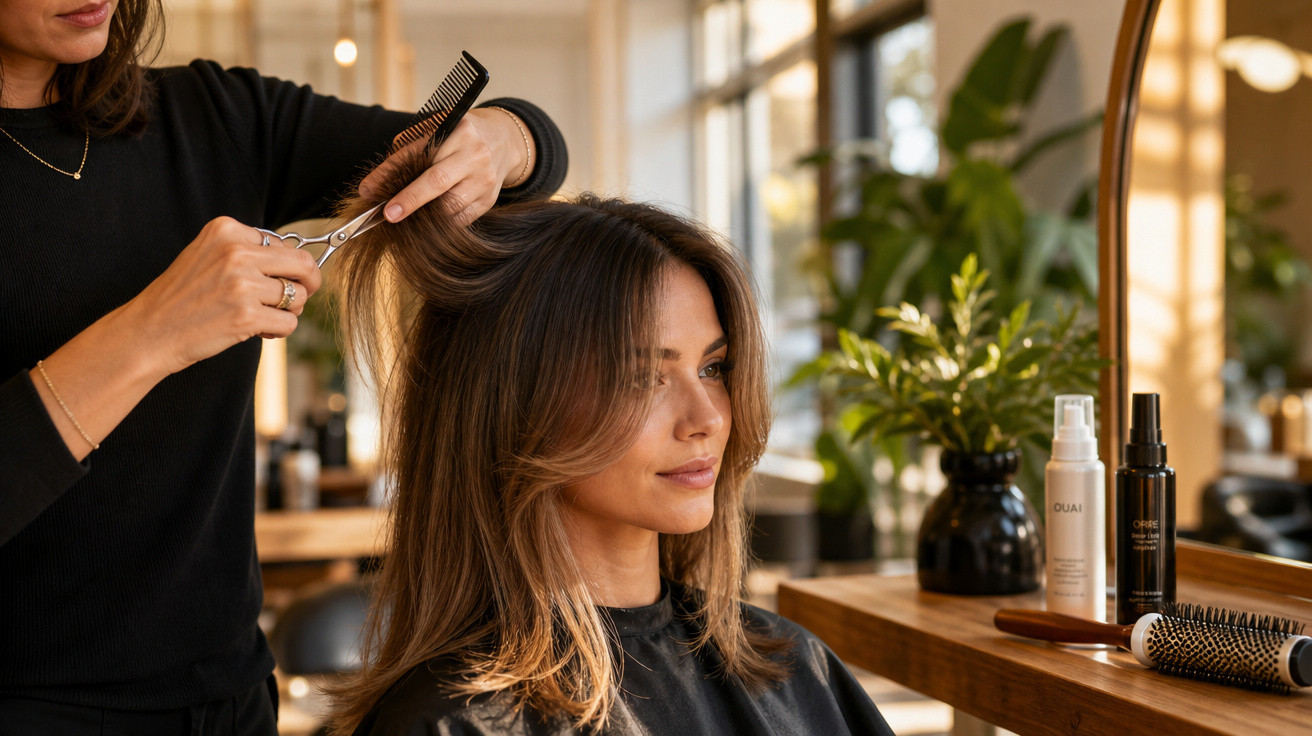 Mulher recebendo corte de cabelo em salão moderno com produtos e espelho ao fundo.