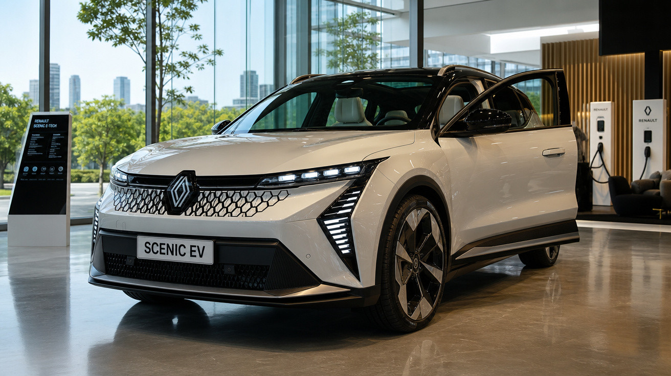 Carro elétrico Renault Scenic EV branco em exposição em showroom moderno com vidros grandes.