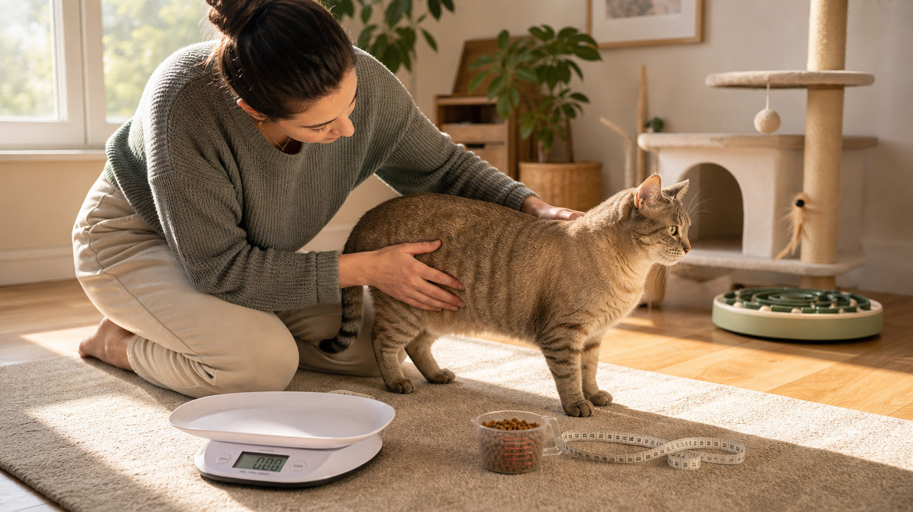 Mulher mede peso de gato doméstico com balança digital em ambiente interno iluminado.