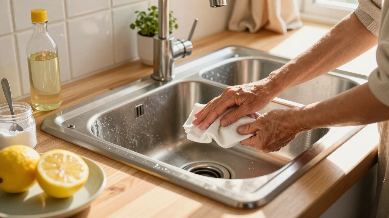 Mãos de pessoa limpando pia de inox na cozinha com pano branco, limão e garrafa sobre a bancada de madeira.