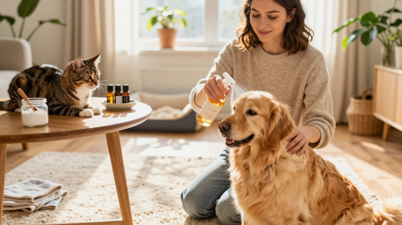 Mulher aplicando spray em cachorro dourado enquanto gato observa sobre mesa em sala iluminada.