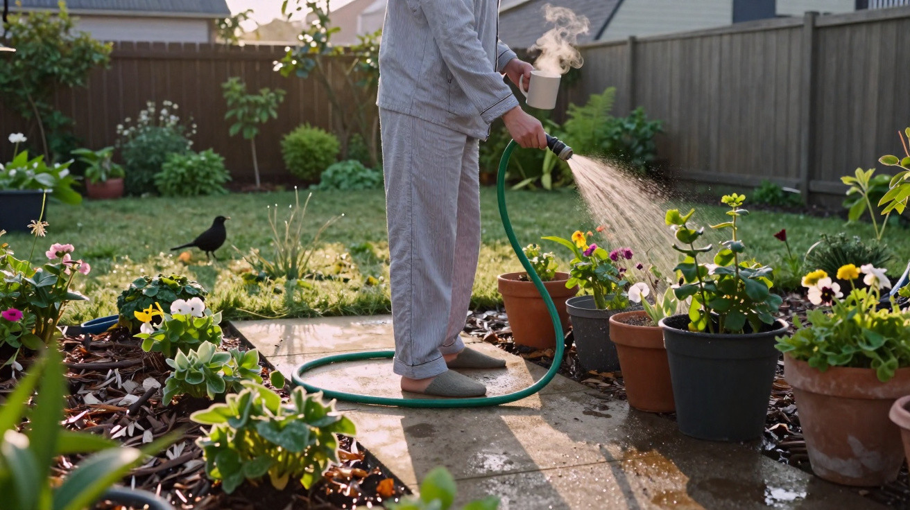 Pessoa regando plantas em vasos no jardim com mangueira, segurando uma xícara com vapor.