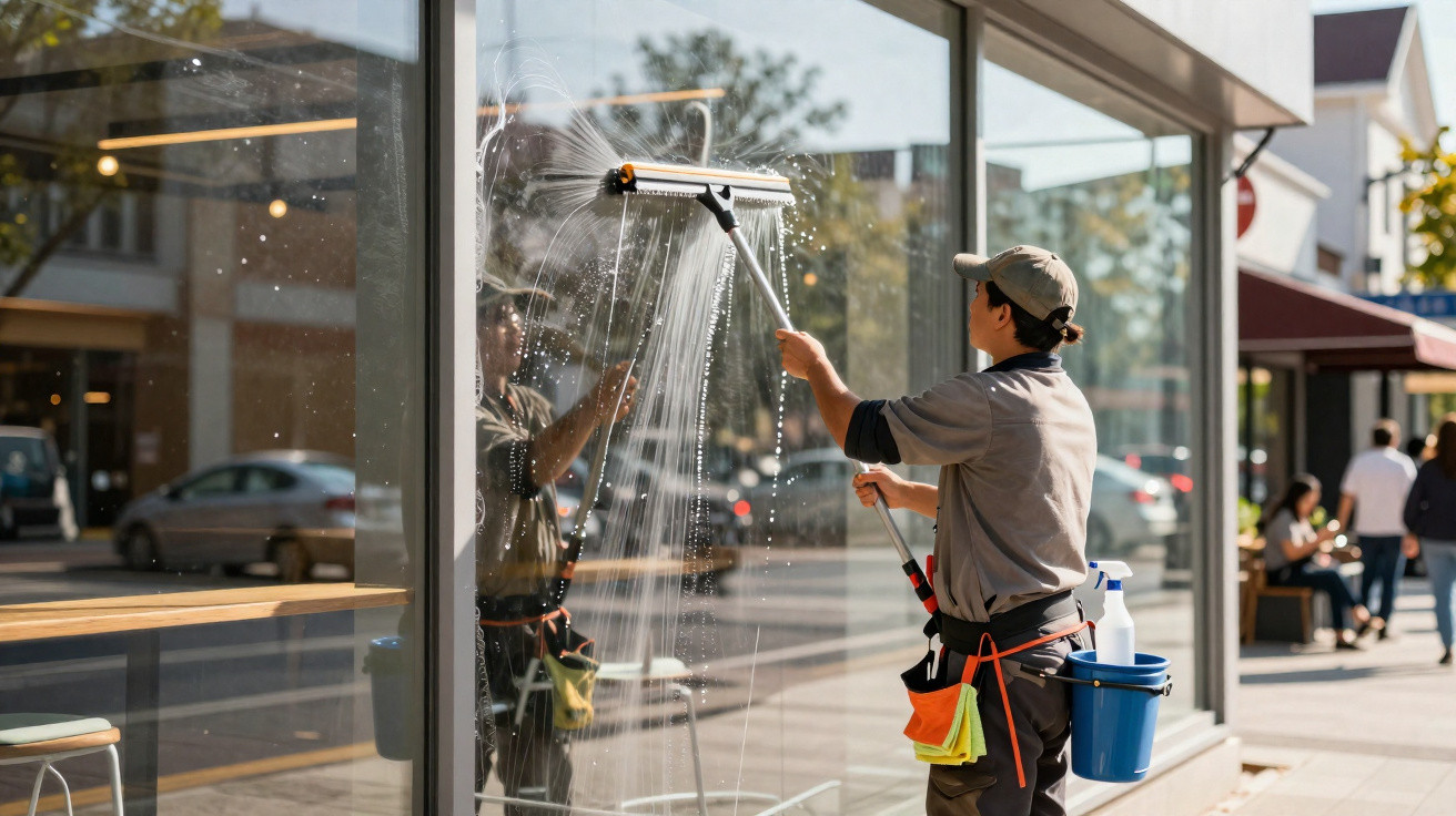 Profissional limpando a vitrine de vidro de uma loja em área urbana ensolarada.