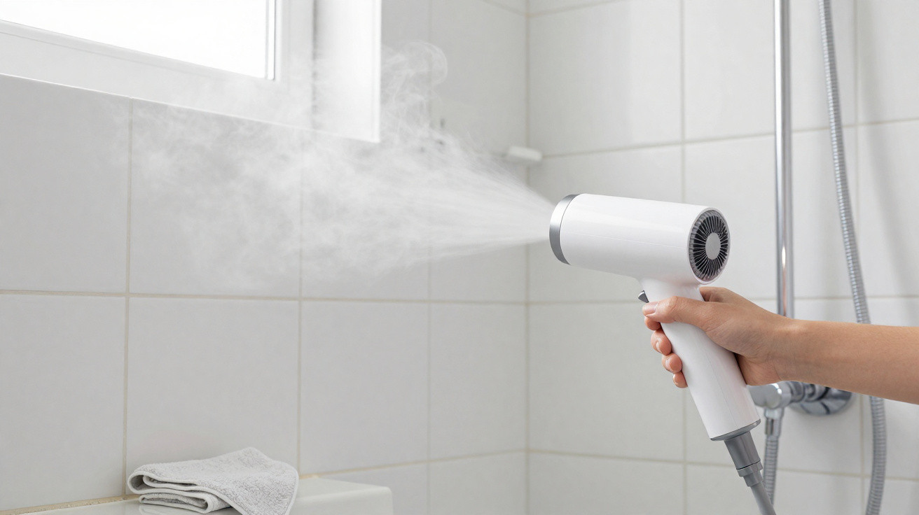 Pessoa segurando secador de cabelo branco que libera vapor em banheiro com azulejos brancos.