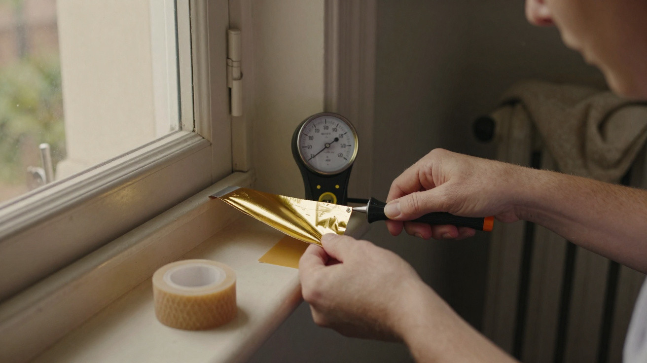 Mãos seguram folha dourada com espátula perto de janela com rolo de fita adesiva e medidor de umidade.