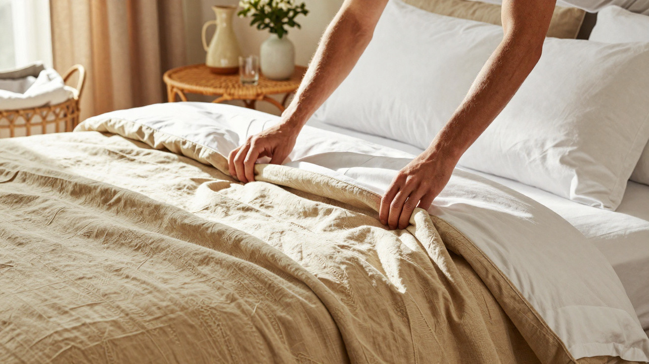Pessoa ajeitando roupa de cama bege em quarto com luz natural e decoração minimalista.