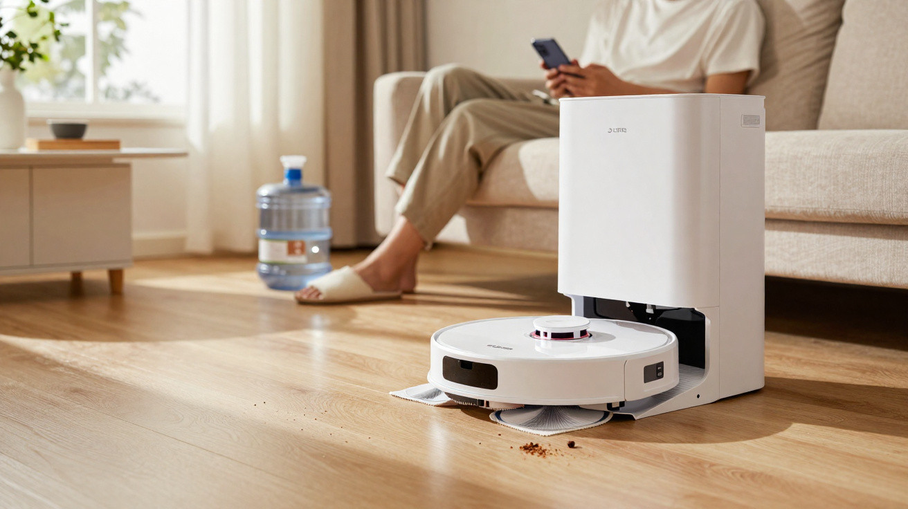 Robô aspirador branco limpando sujeira em piso de madeira com pessoa ao fundo no sofá usando celular.