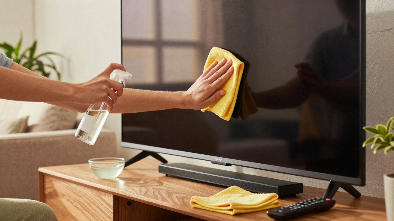 Pessoa limpando a tela de uma TV com pano amarelo e borrifador em sala de estar iluminada.