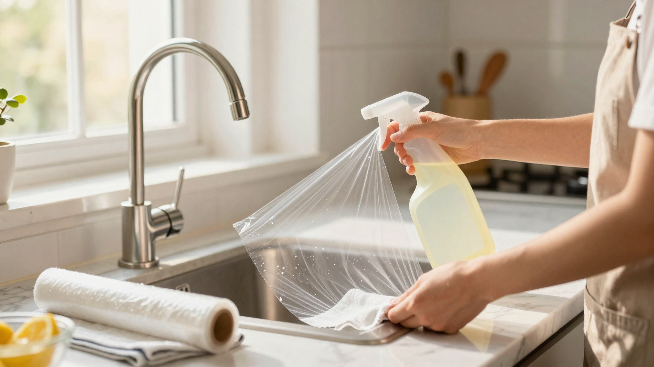 Pessoa limpando filme plástico transparente na pia da cozinha com spray e pano branco.