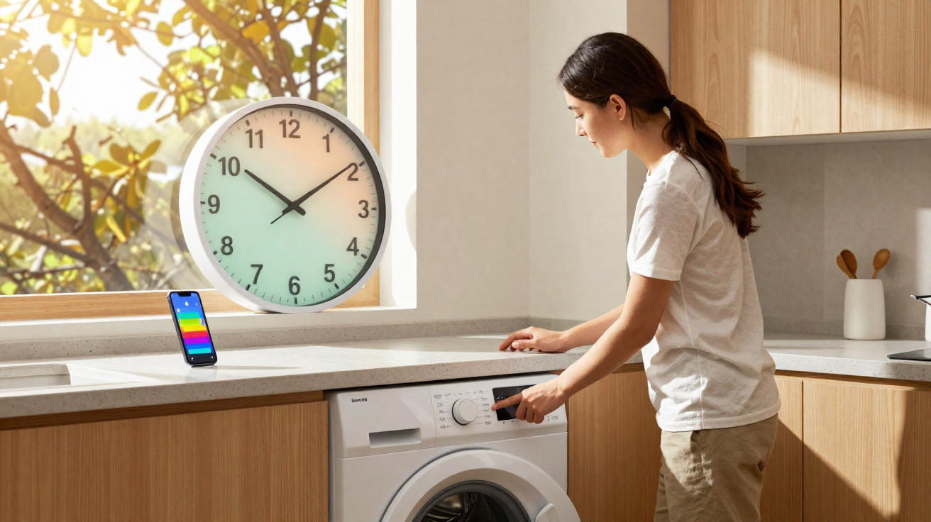 Mulher ajustando a máquina de lavar roupa em cozinha clara com relógio e celular na janela.