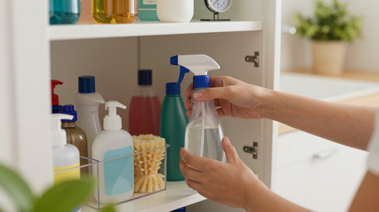Mãos segurando um borrifador transparente em armário com produtos de limpeza e escovas.