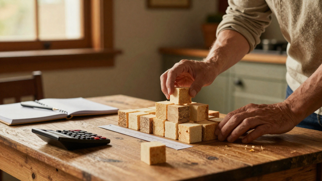 Pessoa montando pirâmide com cubos de queijo branco sobre mesa de madeira com calculadora e caderno.