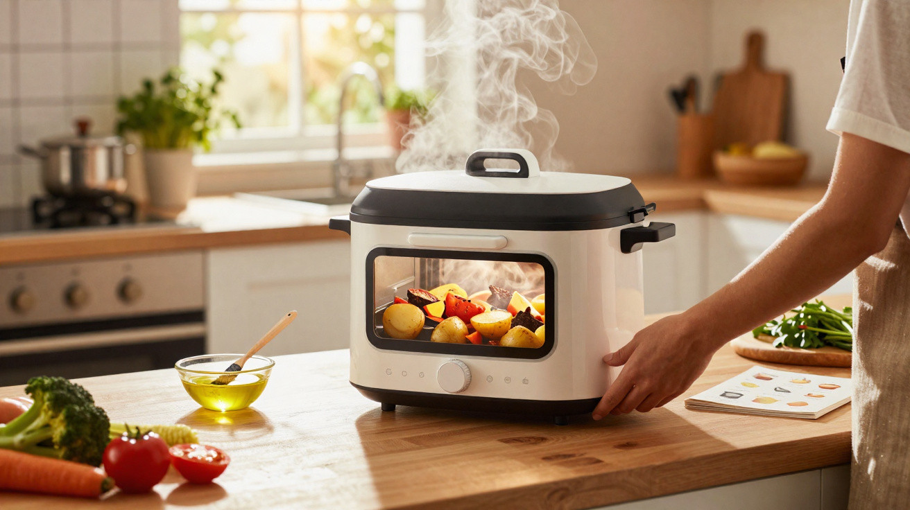 Pessoa usando panela elétrica branca para cozinhar legumes em cozinha iluminada.