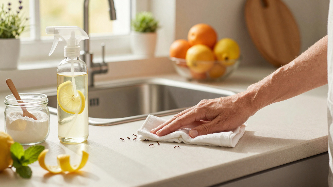 Pessoa limpando bancada da cozinha com pano, perto de jarra com spray de limão e formigas na superfície.