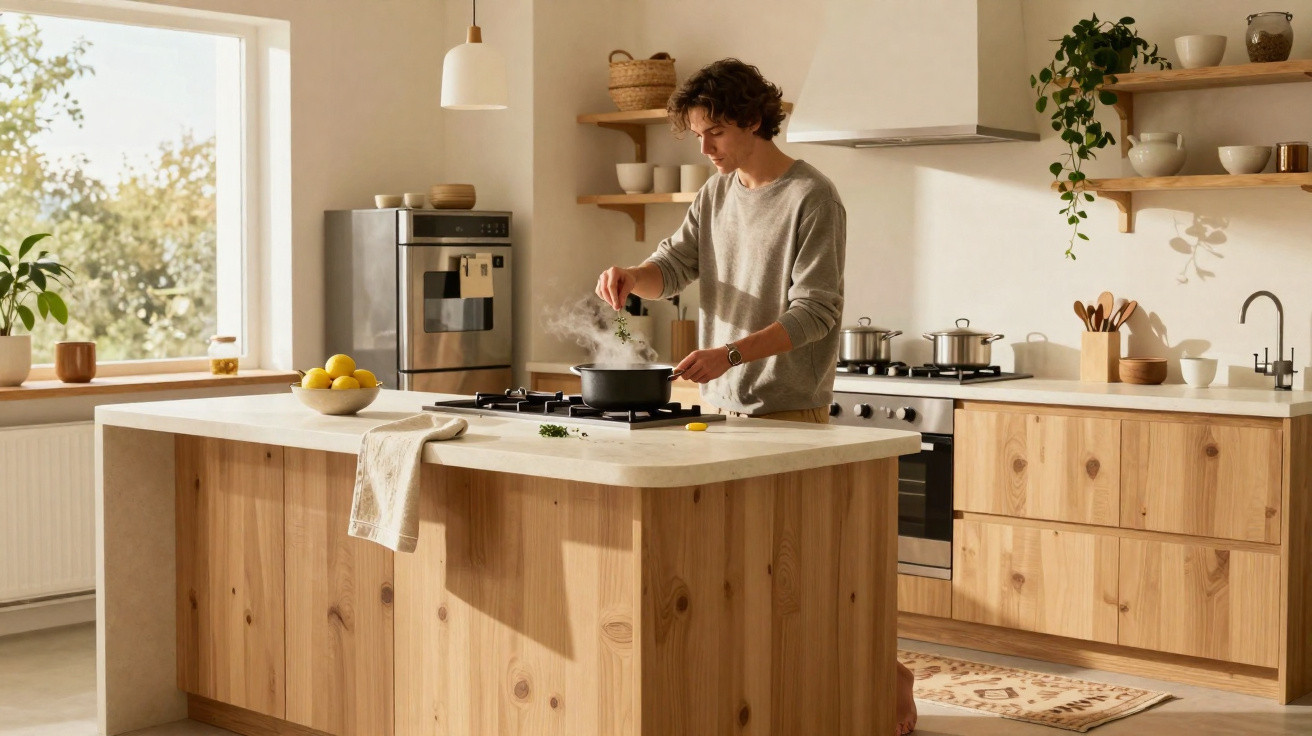 Pessoa cozinhando em cozinha moderna com móveis de madeira e bancada central com frutas e utensílios.