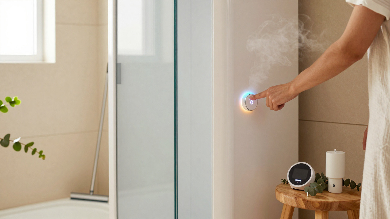 Pessoa ativando dispositivo eletrônico fixado na parede de banheiro moderno com ducha de vidro.