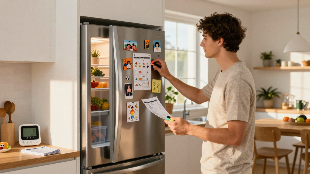 Jovem olhando lista e mexendo em calendário preso na porta de geladeira inox na cozinha clara e moderna.