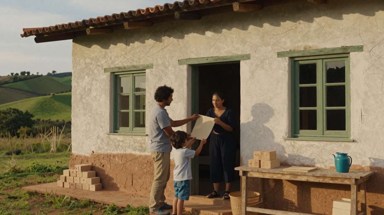 Família na porta de casa rústica segurando papel, com tijolos empilhados e mesa de madeira ao lado.