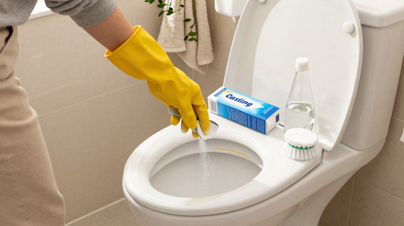 Pessoa com luva amarela limpando vaso sanitário, aplicando pó branco para limpeza, com escova e vinagre ao lado.