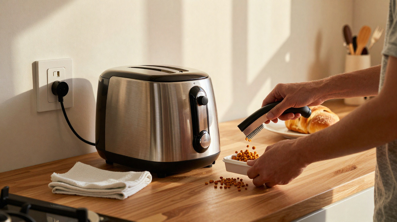 Torradeira inox em bancada de cozinha, com mãos segurando escova para limpar migalhas.