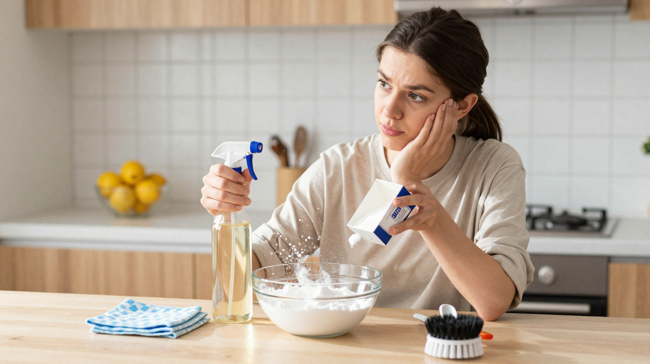 Mulher na cozinha preparando solução de limpeza com bicarbonato e borrifador, com expressão preocupada.