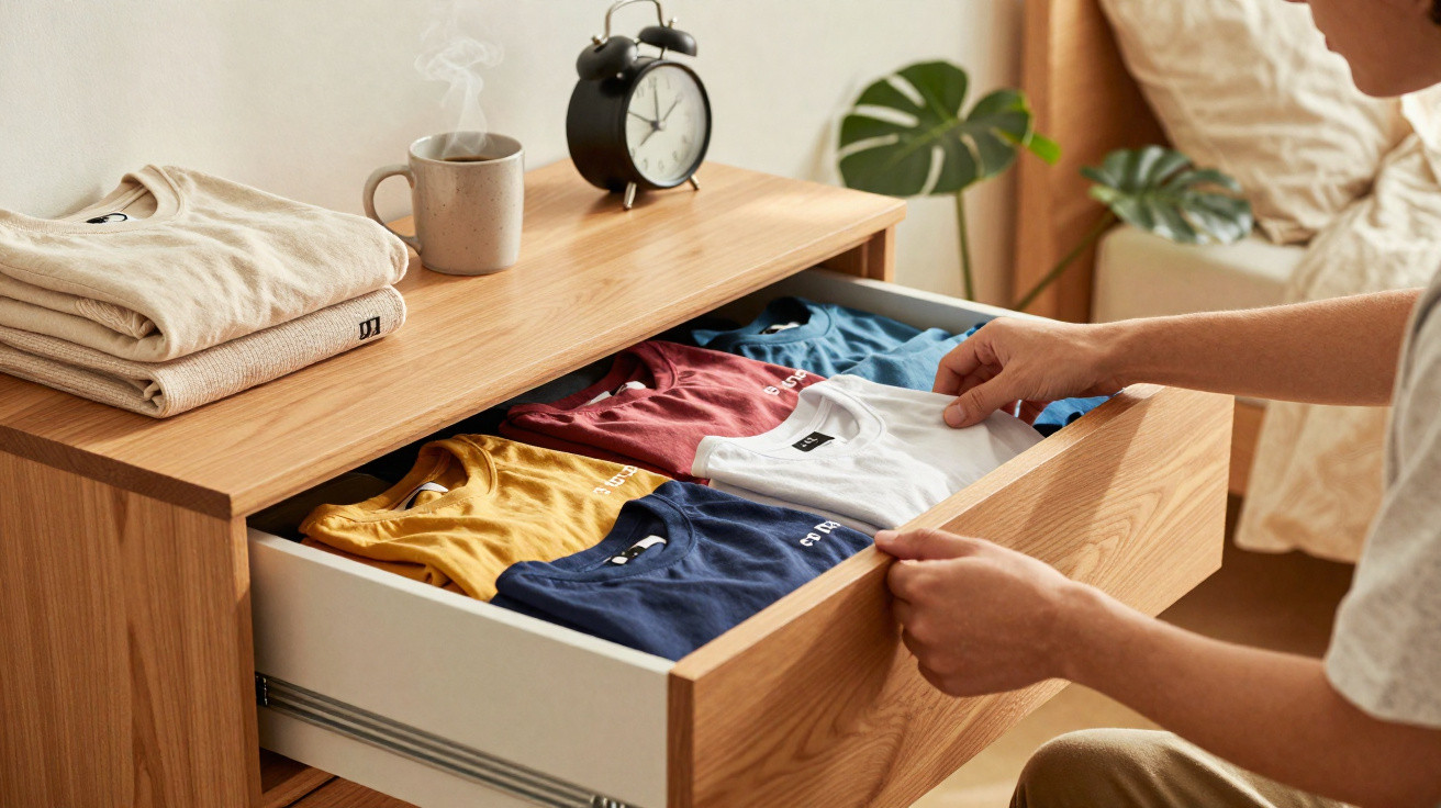 Pessoa organizando camisetas dobradas em gaveta de madeira, com mesa, relógio e xícara de café ao lado.