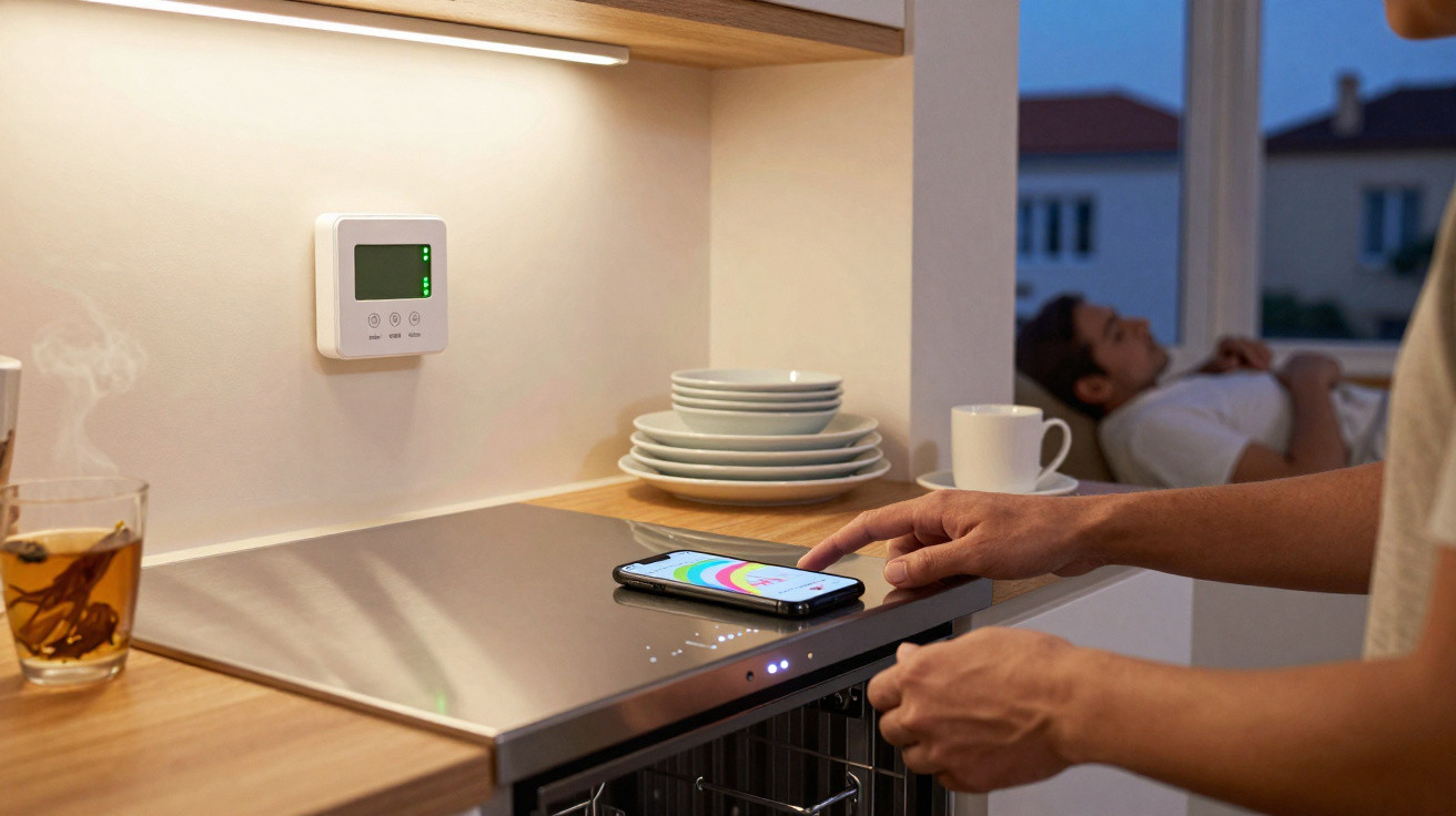 Pessoa usando smartphone para controlar eletrodoméstico na cozinha com termostato digital na parede.