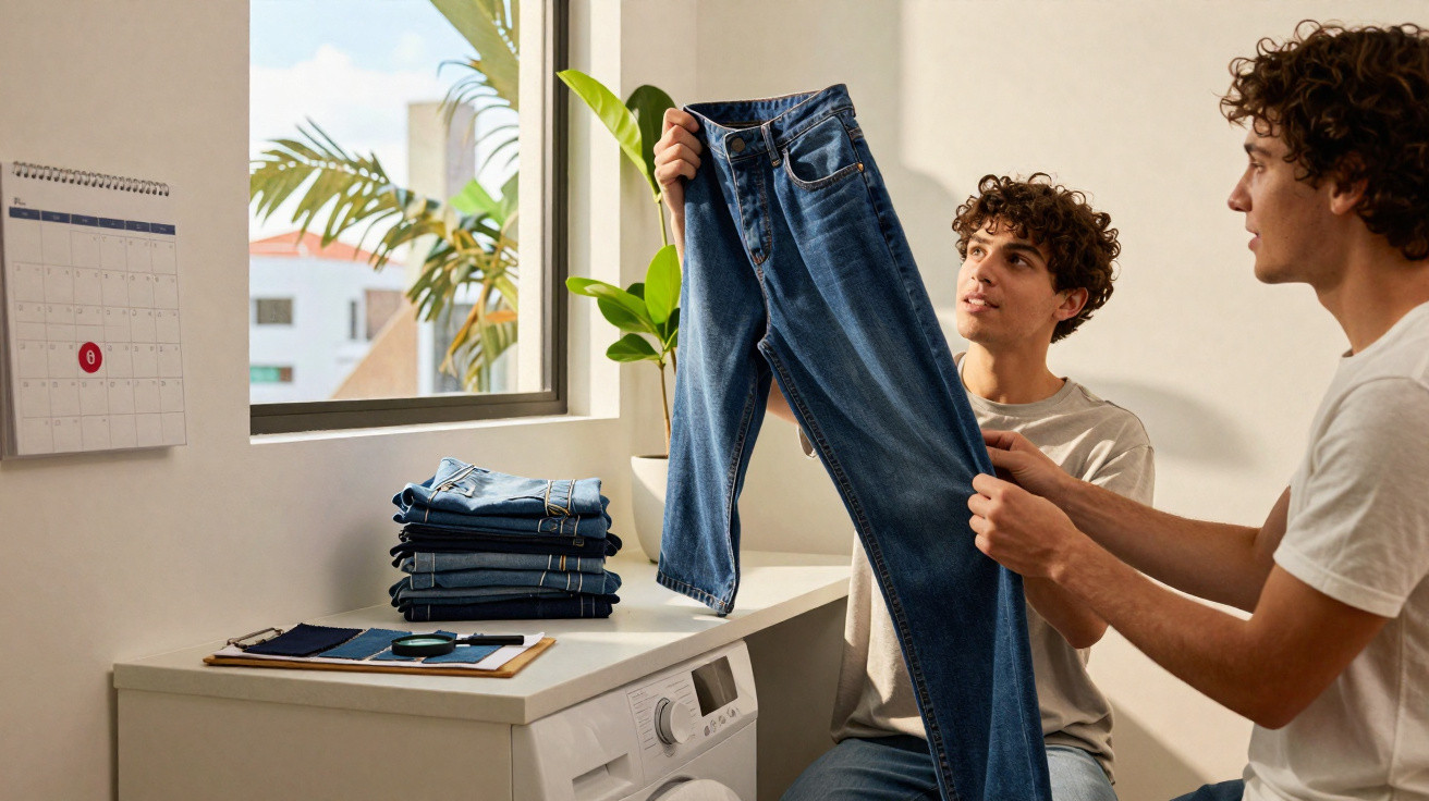 Dois homens dobrando calças jeans em lavanderia com pilha de roupas e calendário na parede.