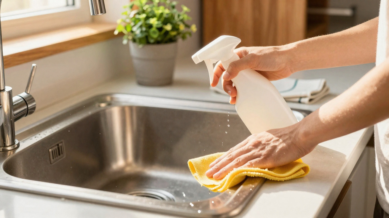 Pessoa limpando pia de inox com pano amarelo e borrifador branco em cozinha iluminada pela luz natural
