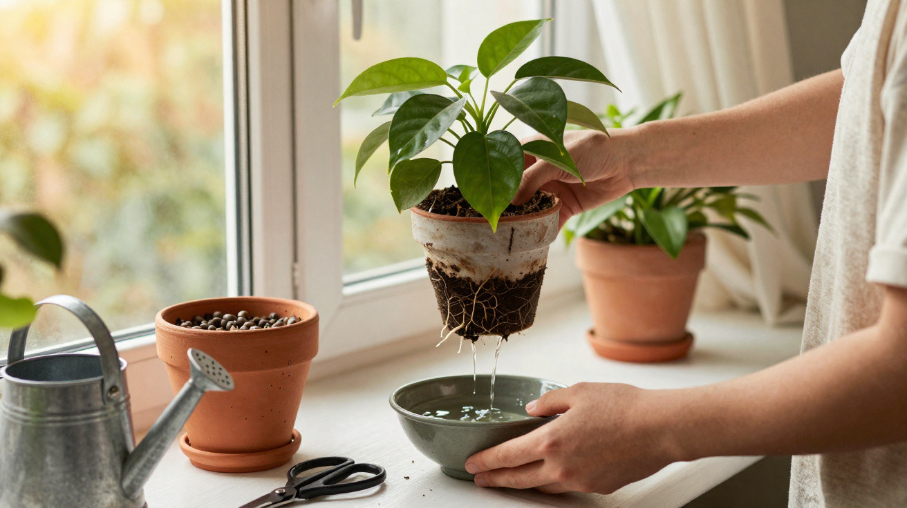 Pessoa retirando planta com solo úmido de vaso para regar em recipiente sobre bancada próxima à janela.