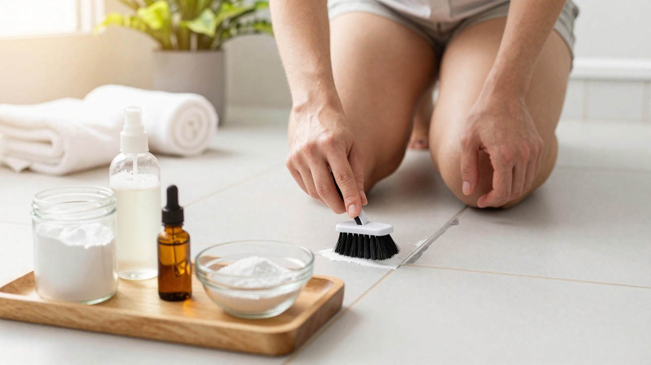 Pessoa limpando rejunte de piso com escova, ao lado de potes com produtos de limpeza.