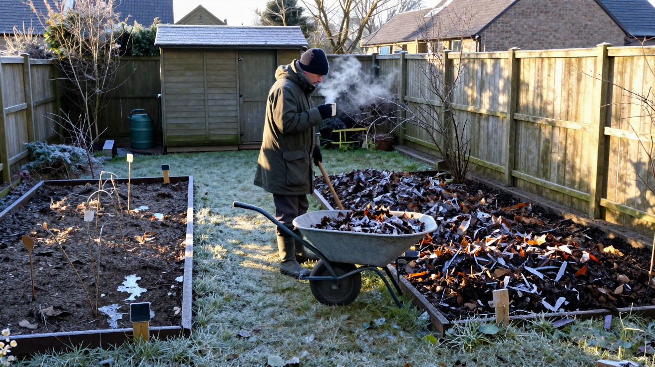 Pessoa com roupas de inverno fazendo jardinagem em canteiros com folhas secas e carrinho de mão em área cercada.