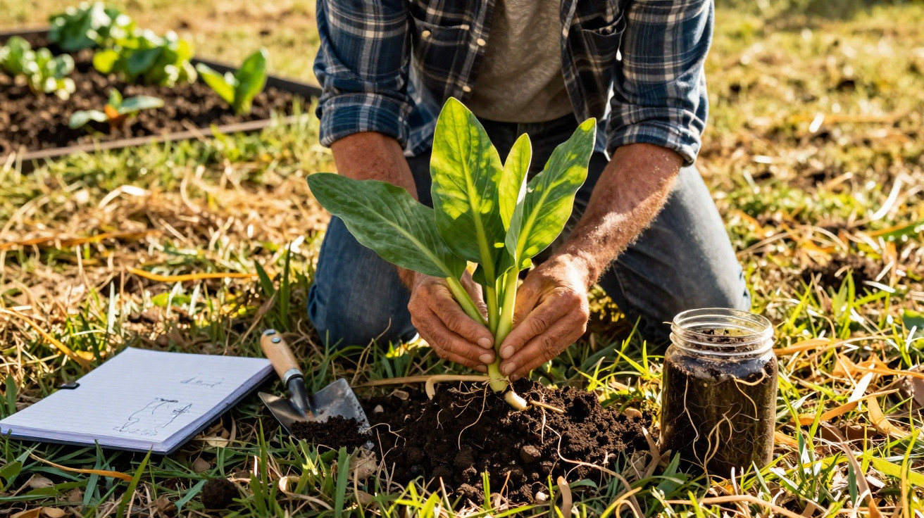 Pessoa plantando muda de planta em solo com regador, caderno e pá ao lado em área gramada.