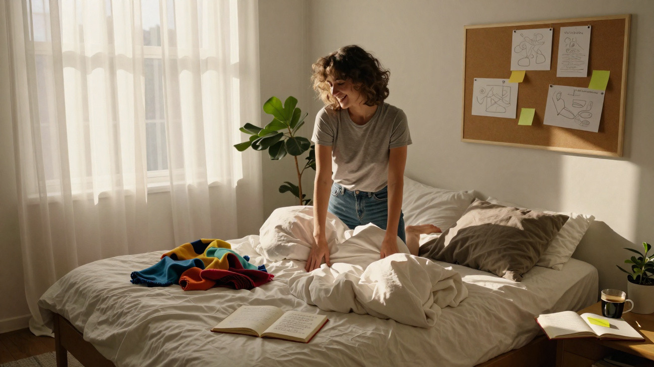 Mulher sorrindo arruma a cama em quarto iluminado com livros e plantas ao redor.