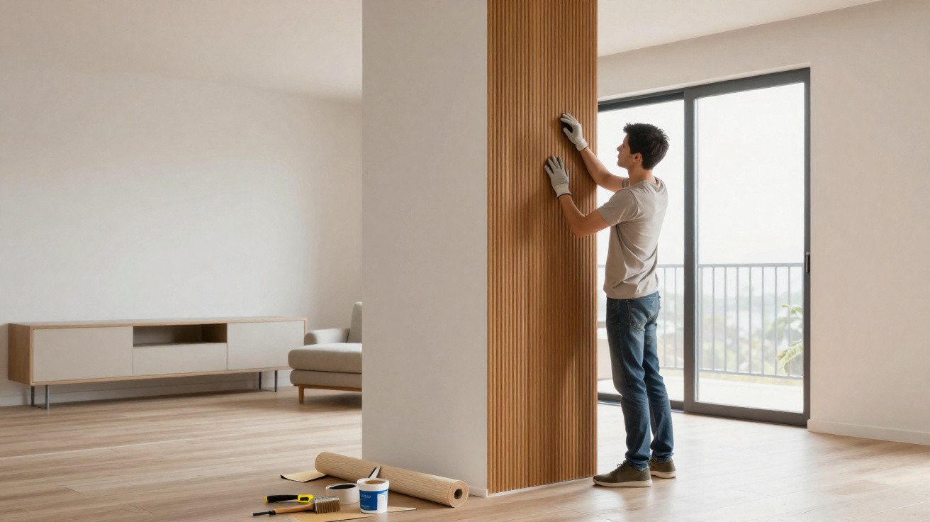 Homem aplicando revestimento de madeira em coluna de sala moderna com teto branco e piso de madeira.