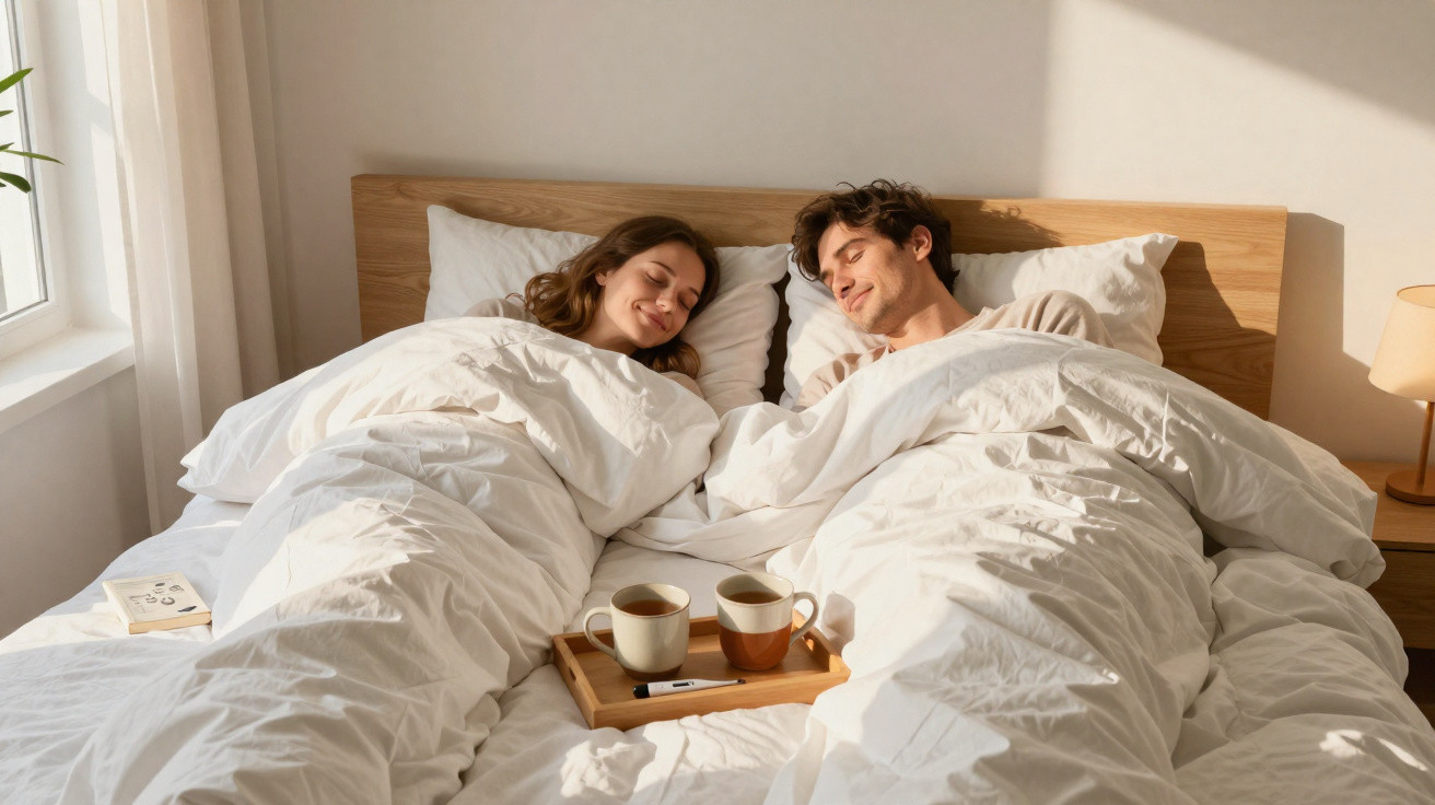 Casal deitado na cama coberto por edredom branco, com duas canecas de café em uma bandeja entre eles.