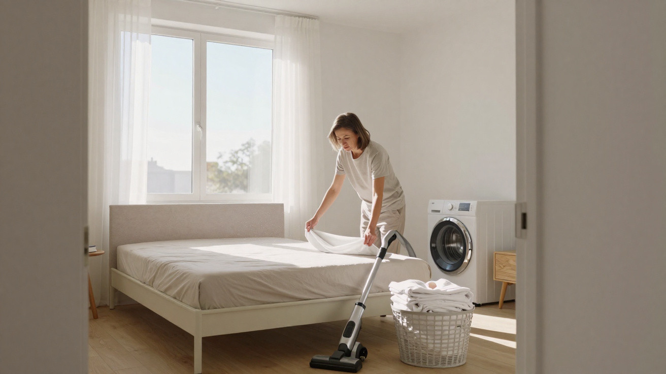 Mulher arrumando a cama em quarto claro com janela grande, aspirador de pó no chão e cesta de roupas.