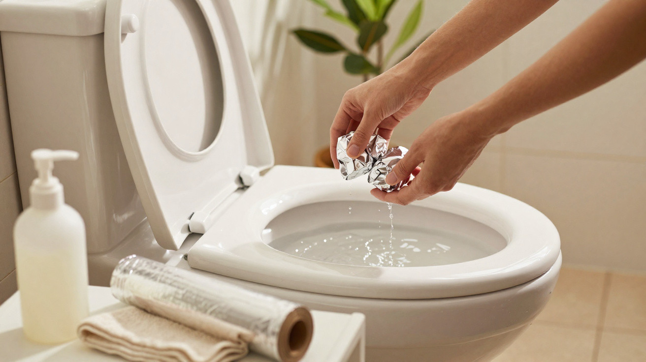 Mãos colocando pastilhas dentro do vaso sanitário branco em banheiro com decoração clara e planta ao fundo.