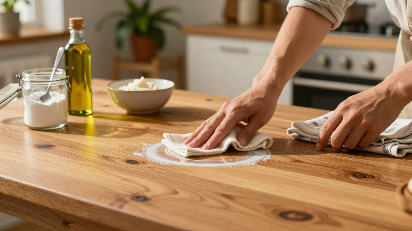 Mãos limpando mesa de madeira com pano branco, ao fundo óleo, pote com pó branco e tigela.