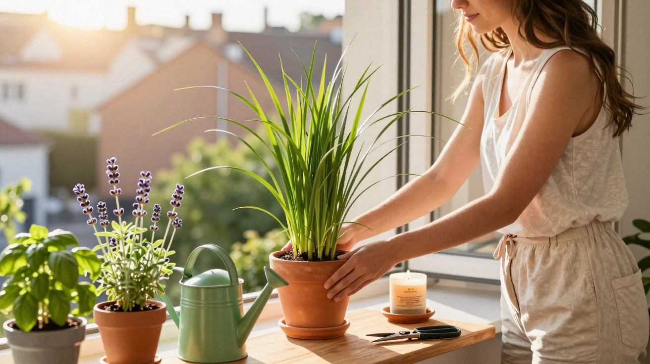 Mulher cuidando de plantas em vaso sobre mesa perto da janela em ambiente iluminado pelo sol.