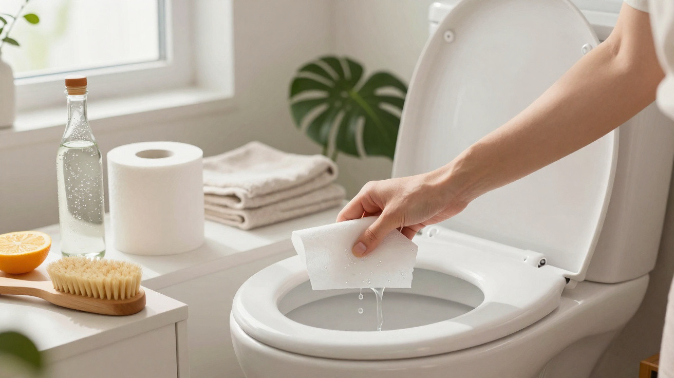 Pessoa limpando o vaso sanitário com esponja branca em banheiro claro e organizado.