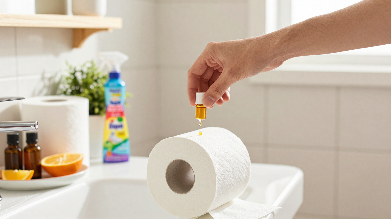 Mão pingando óleo essencial em um rolo de papel higiênico no banheiro, com produtos e frutas ao fundo.