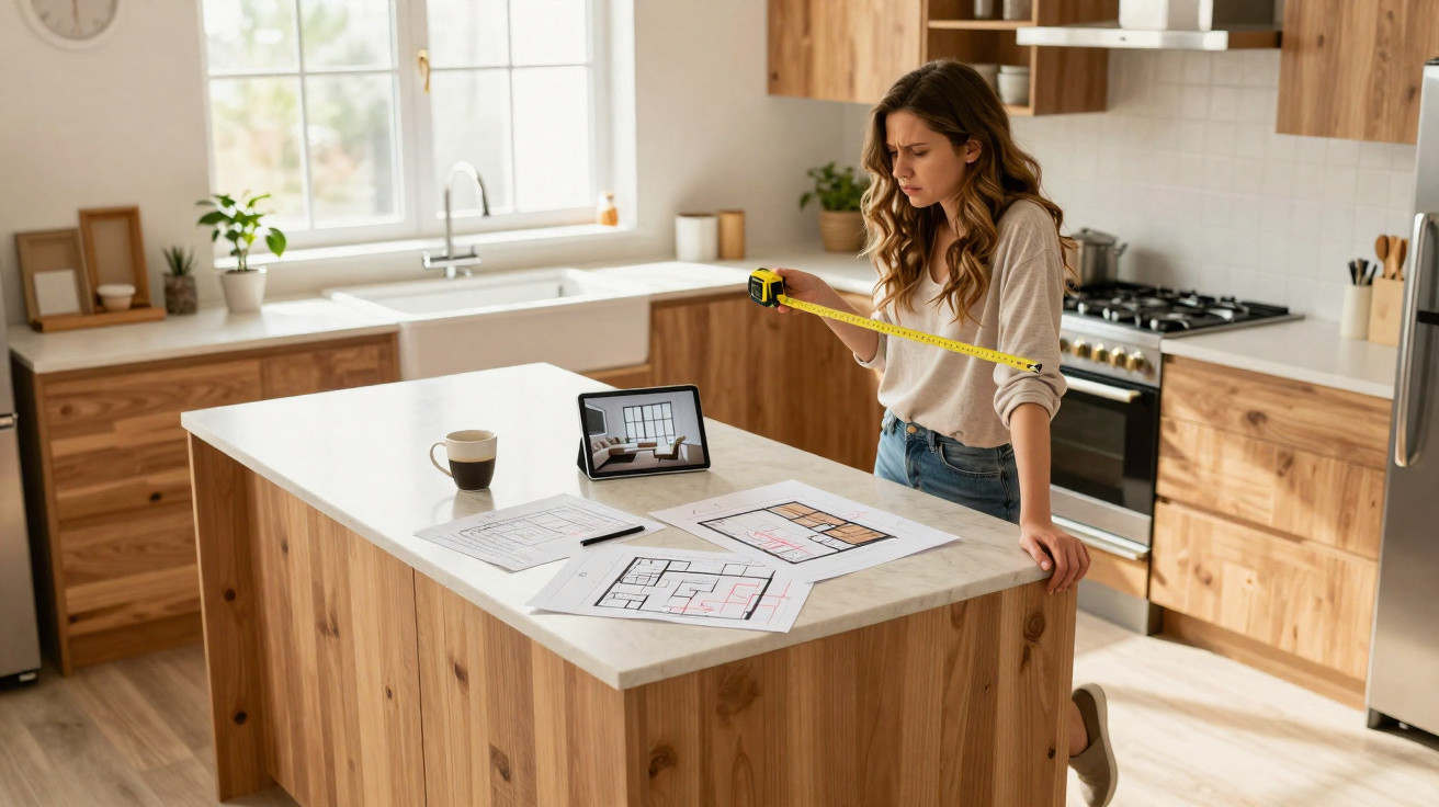 Mulher em cozinha moderna usando trena para medir bancada enquanto analisa plantas baixas e tablet.