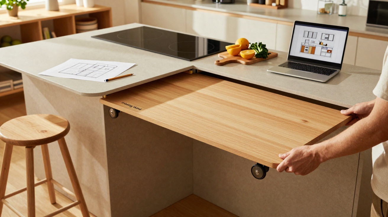 Pessoa puxando bancada retrátil de madeira em cozinha moderna com laptop e frutas na bancada principal.